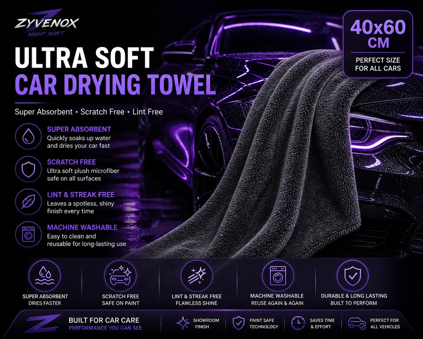 Microfiber Car Wash Towel Zyvenox NightShift